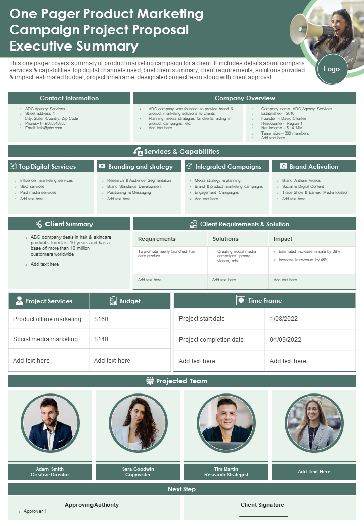 One Pager Product Marketing Campaign Project Proposal Executive Summary