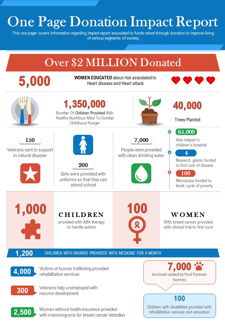 One page donation impact report presentation report infographic ppt pdf document