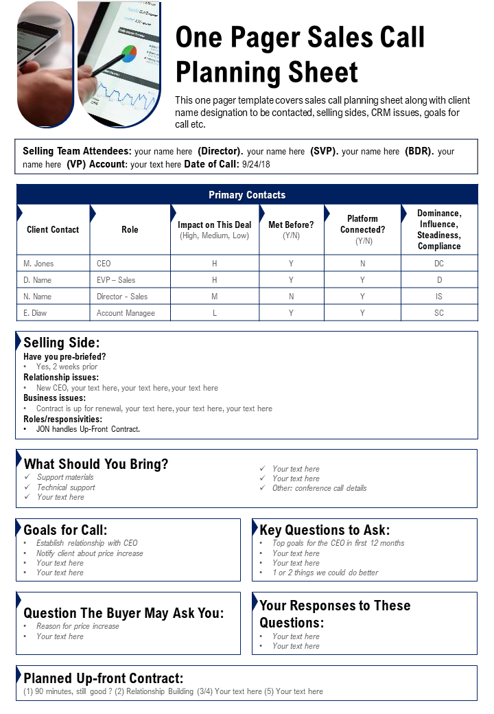 One-pager Sales Call Planning Sheet And Report Template