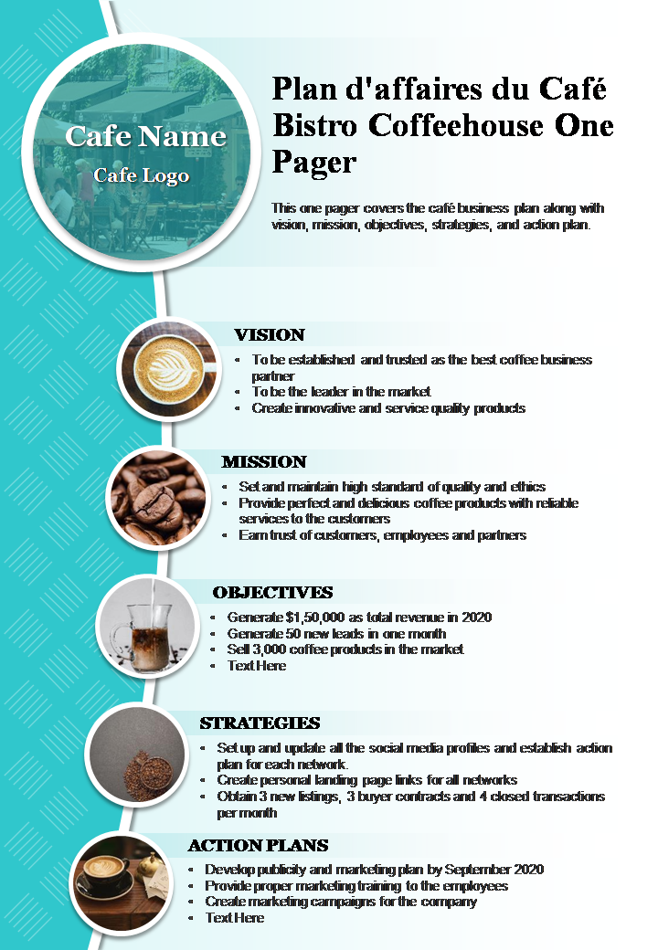 Plan d'affaires du Café Bistro Coffeehouse One Pager Plan d'affaires du Café Bistro Coffeehouse One Pager