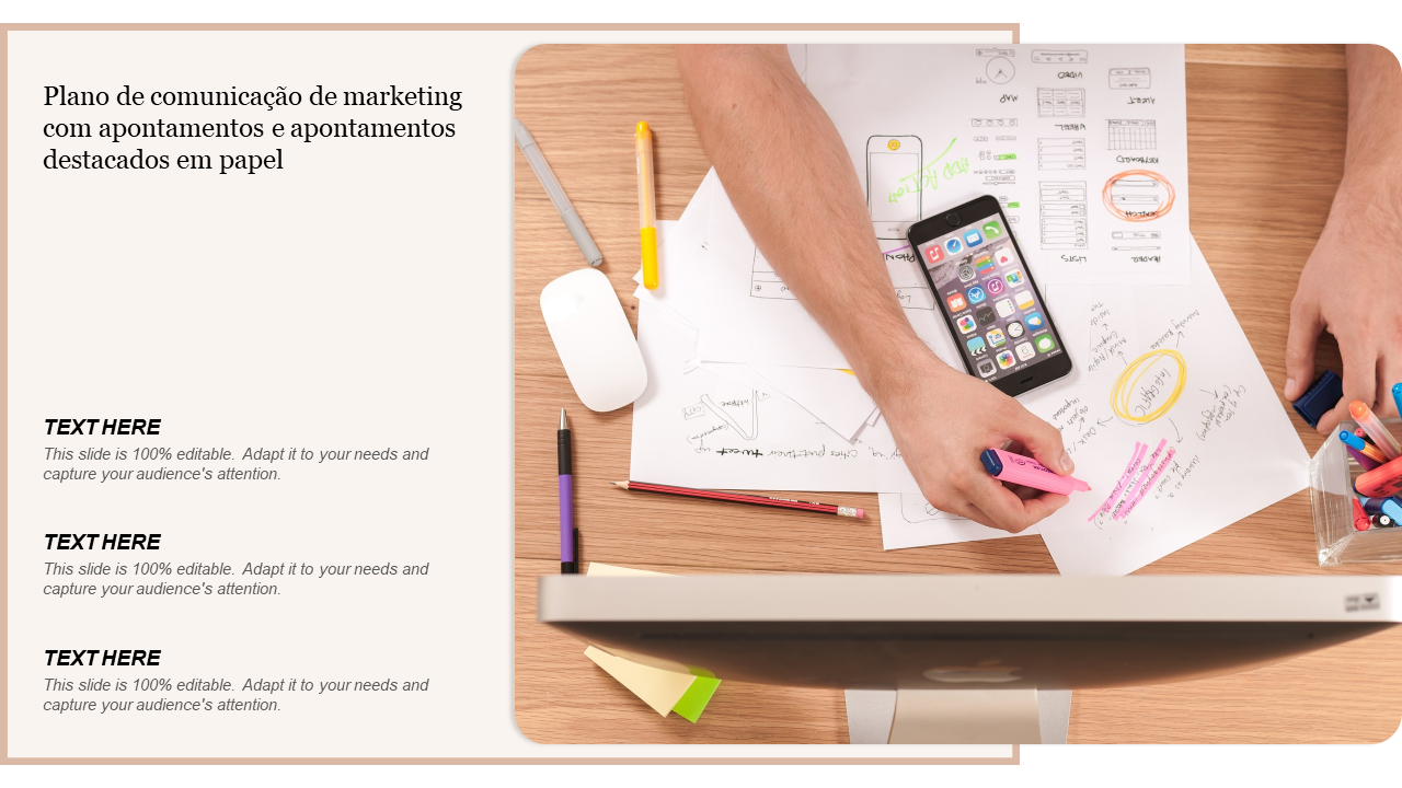 Plano de comunicação de marketing com apontamentos e apontamentos destacados em papel 