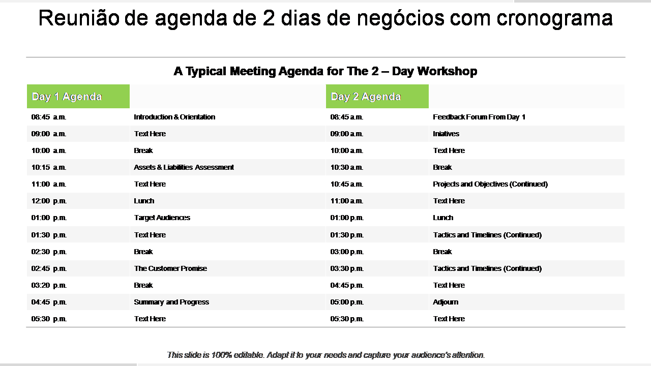 Reunião de agenda de 2 dias de negócios com cronograma 