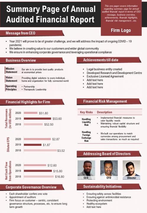 Summary Page of Annual Audited Financial Report PPT Template