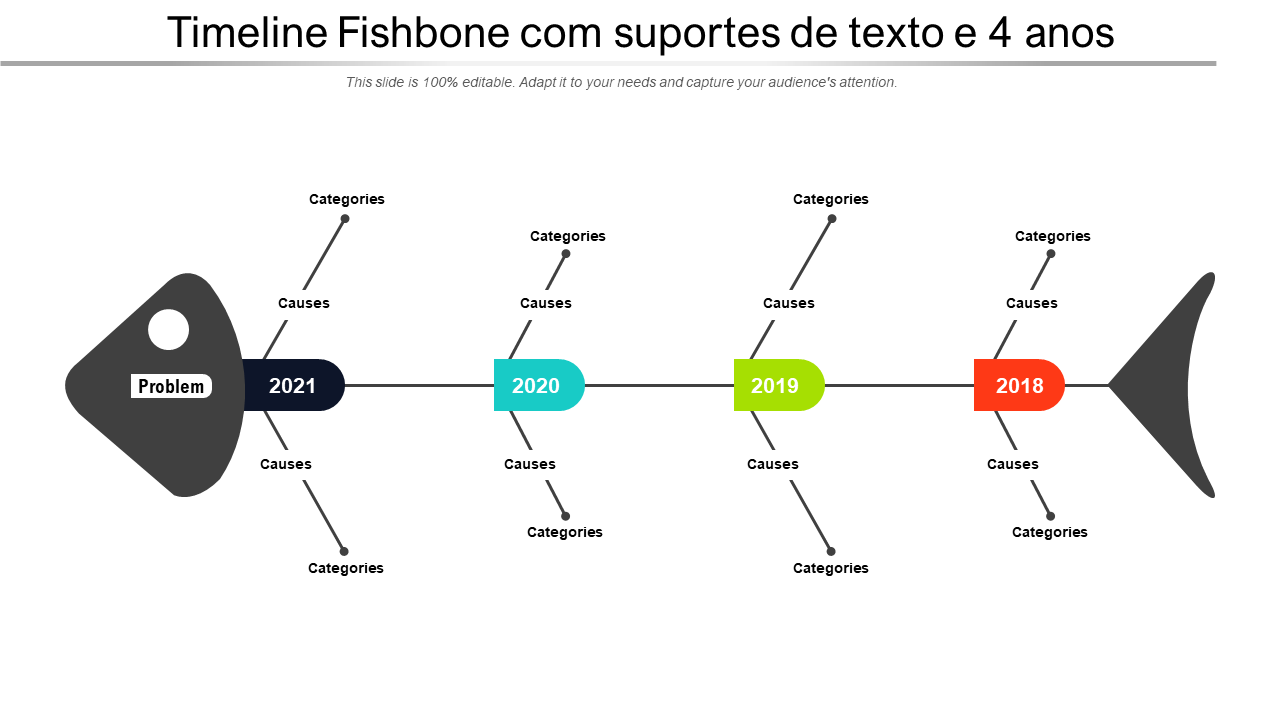 Timeline Fishbone com suportes de texto e 4 anos 