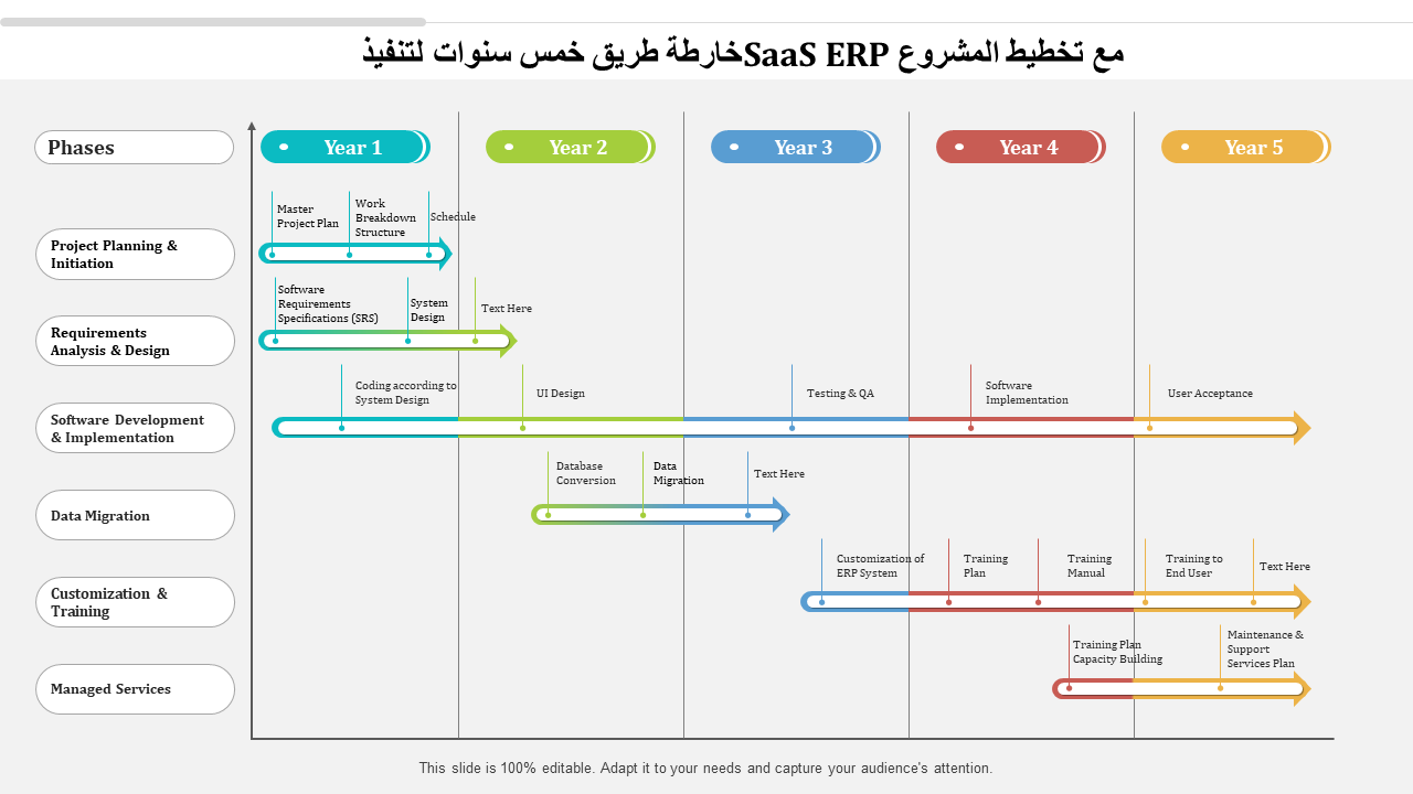 خارطة طريق خمس سنوات لتنفيذ SaaS ERP مع تخطيط المشروع 