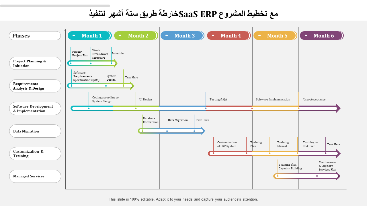خارطة طريق ستة أشهر لتنفيذ SaaS ERP مع تخطيط المشروع 