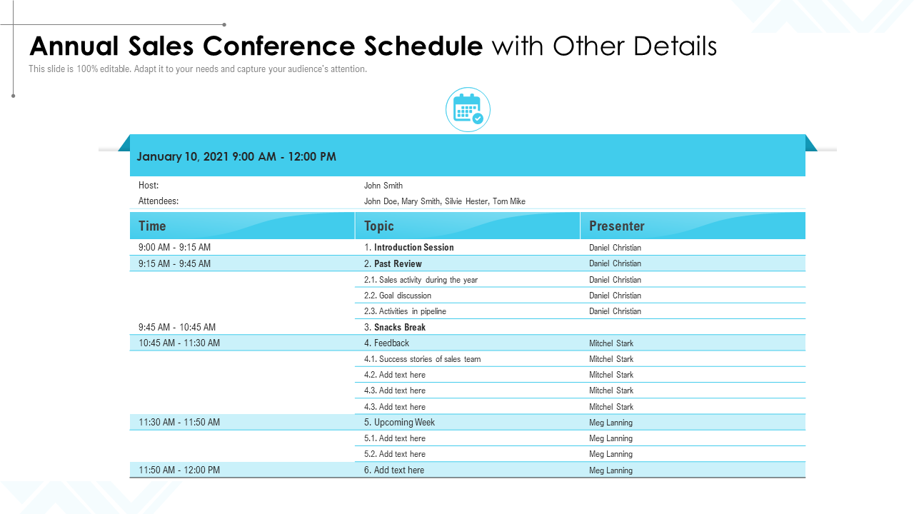 Annual sales conference schedule with other details