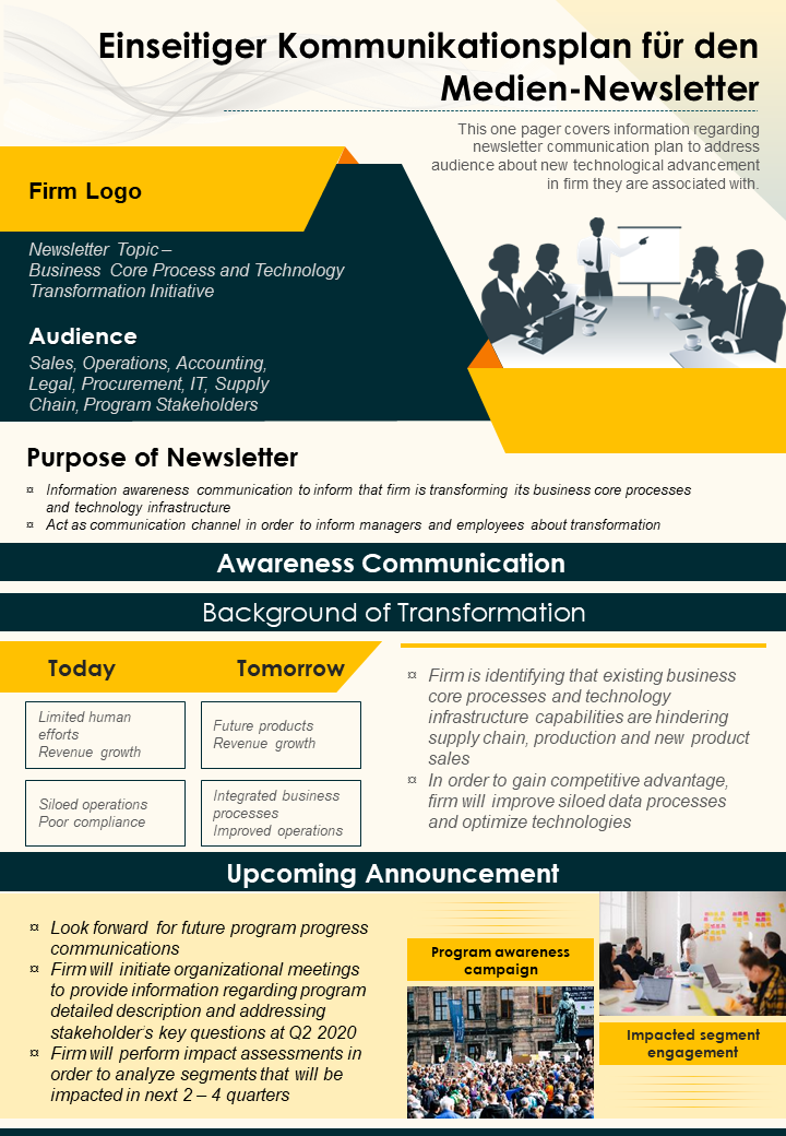 Einseitiger Kommunikationsplan für den Medien-Newsletter 