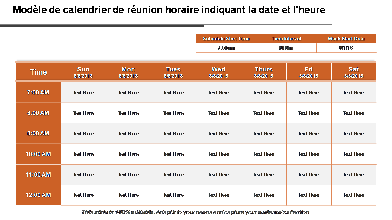 Modèle de calendrier de réunion horaire indiquant la date et l'heure 