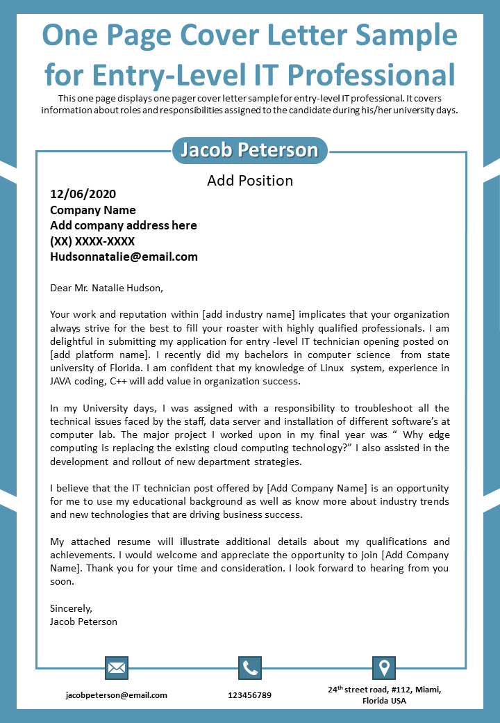 One Page Cover Letter Sample for Entry-Level IT Professional