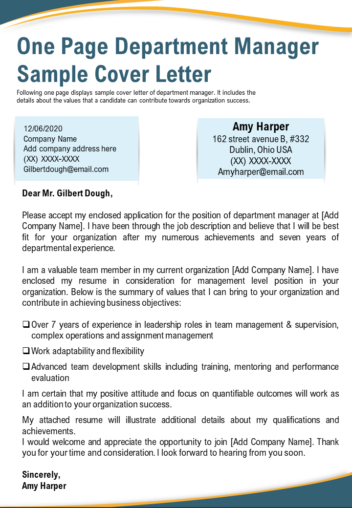 One Page Department Manager Sample Cover Letter