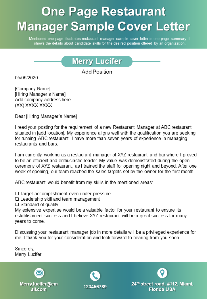 One Page Restaurant Manager Sample Cover Letter