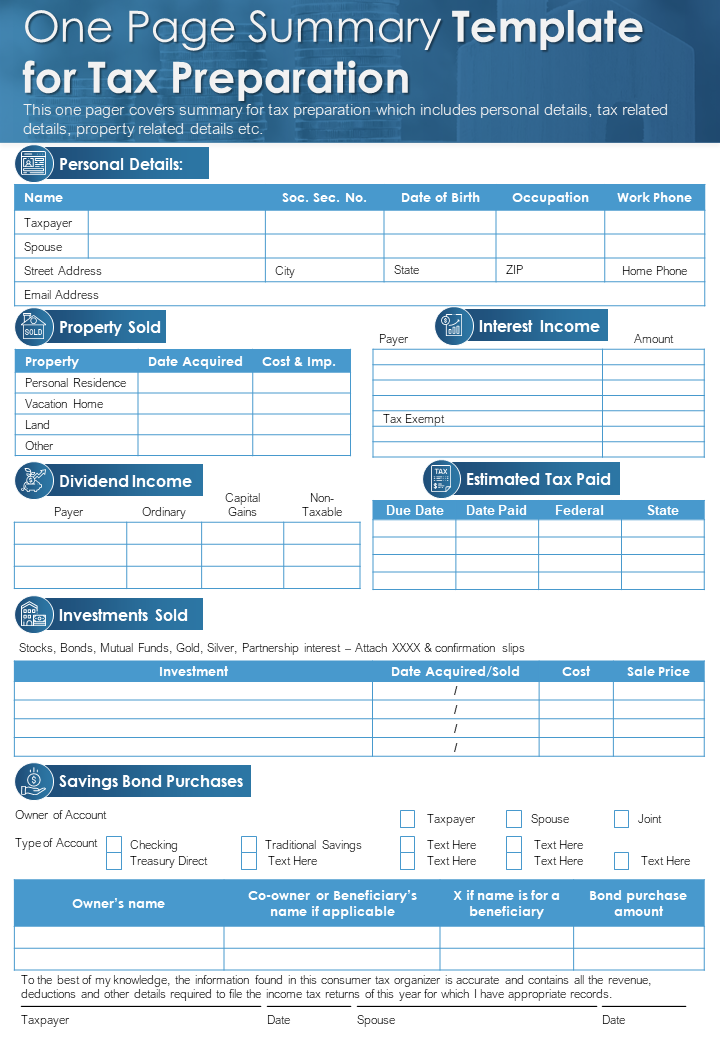 One Page Summary Template for Tax Preparation