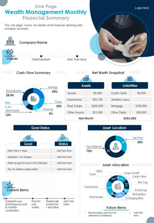 One Page Wealth Management Monthly Financial Summary Report