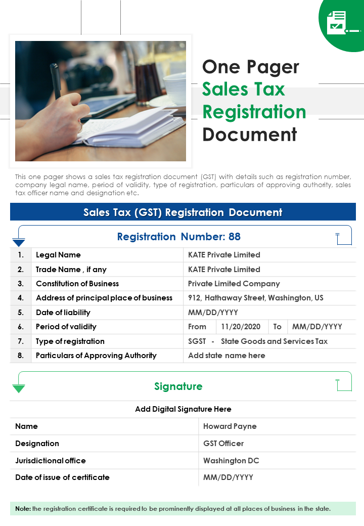 One Pager Sales Tax Registration Document