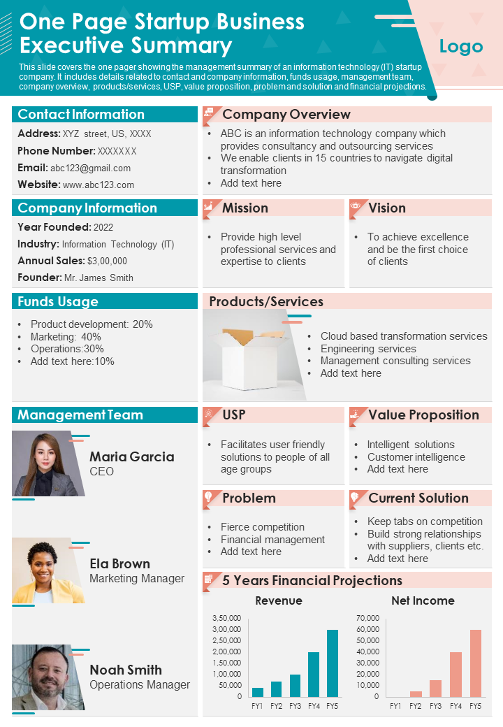 One-page Startup Business Executive Summary Template