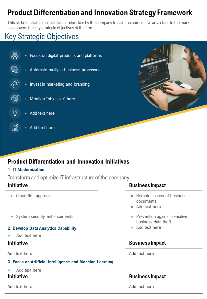 One page product differentiation and innovation strategy framework presentation report
