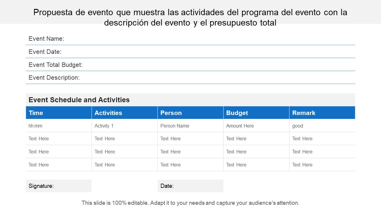 Propuesta de evento que muestra las actividades del programa del evento con la descripción del evento y el presupuesto total 