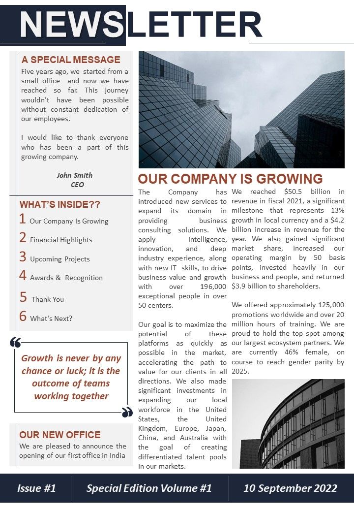 Bifold One-Pager Company Highlights Newsletter PPT Slide