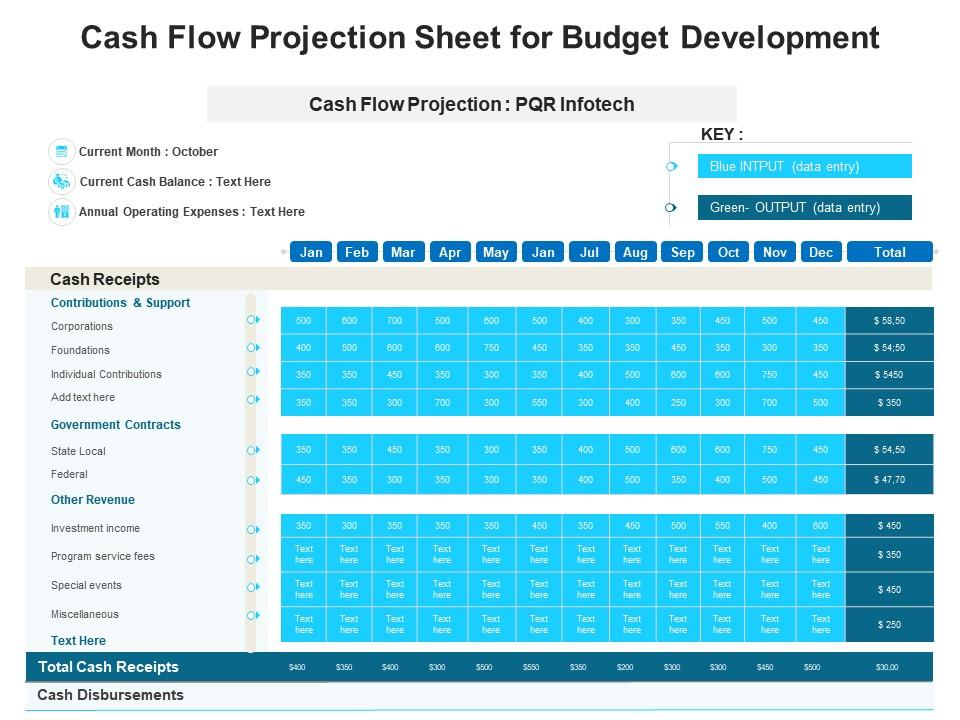Cash Flow Projection Sheet for Budget Development PPT Template