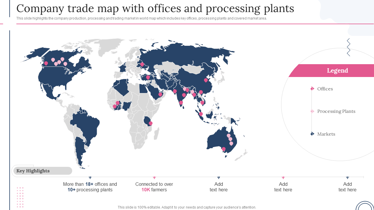 Company trade map with offices and processing plants