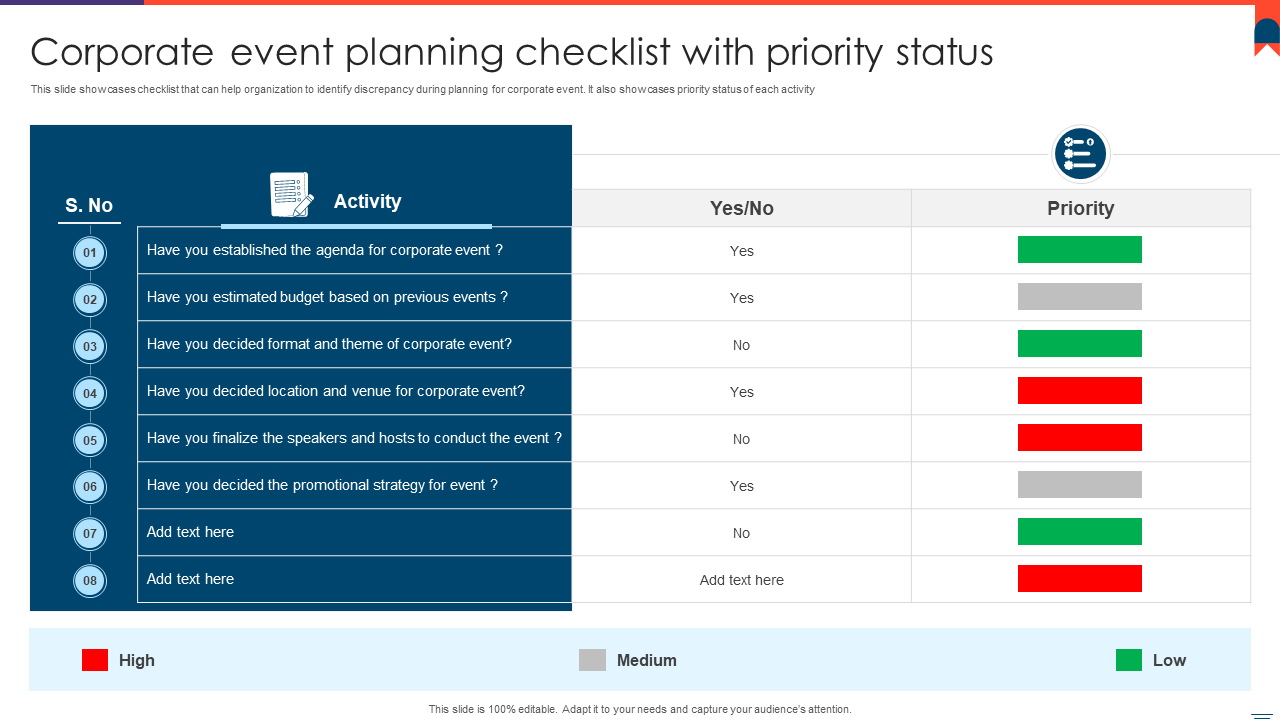 Corporate event planning checklist with priority status