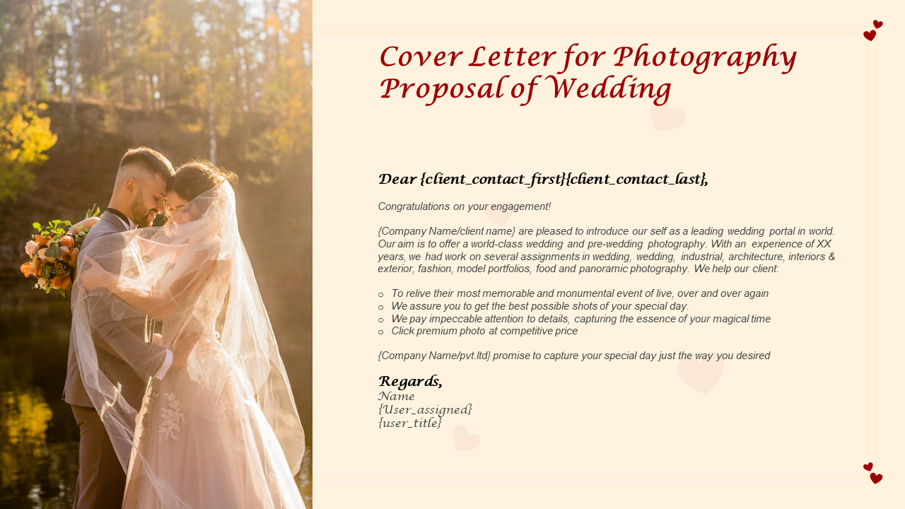 Cover Letter for Photography Proposal of Wedding PowerPoint Template