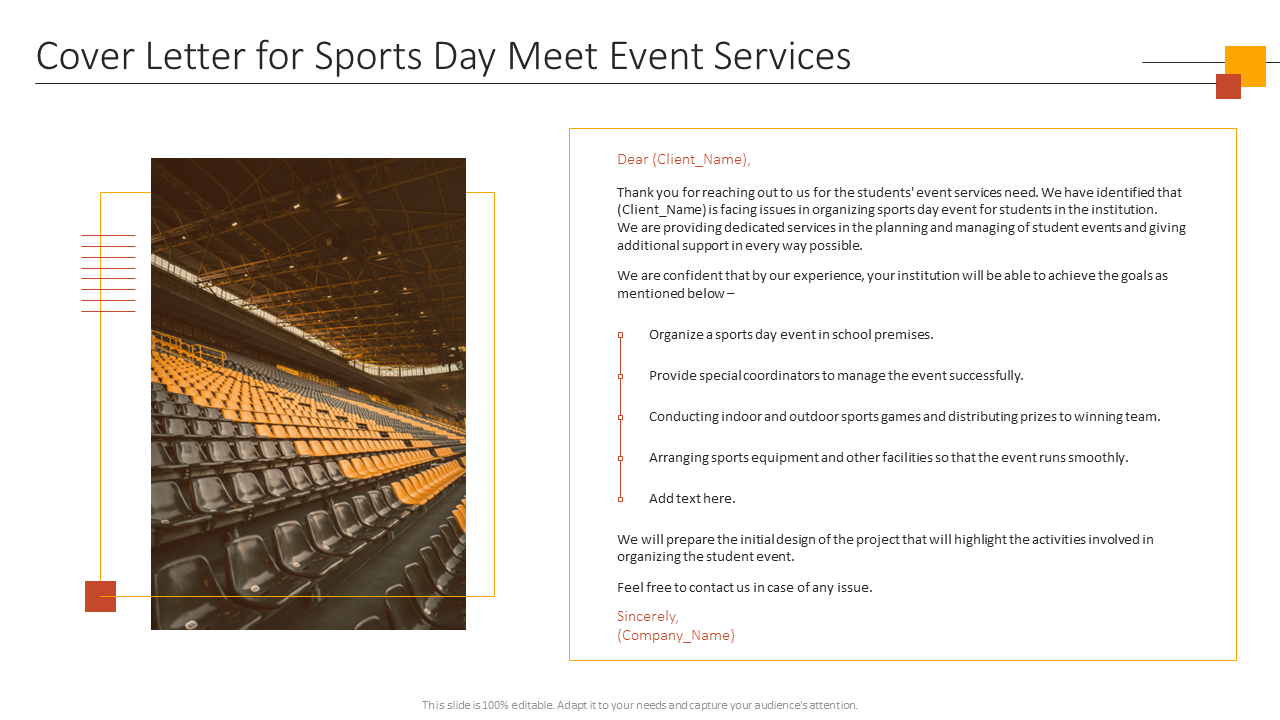Cover letter for sports day meet event services PowerPoint Presentation