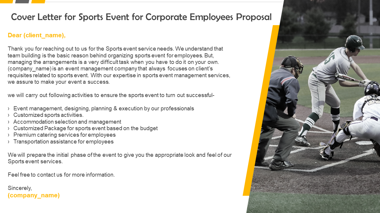 Cover letter for sports event for corporate employees proposal PPT Design