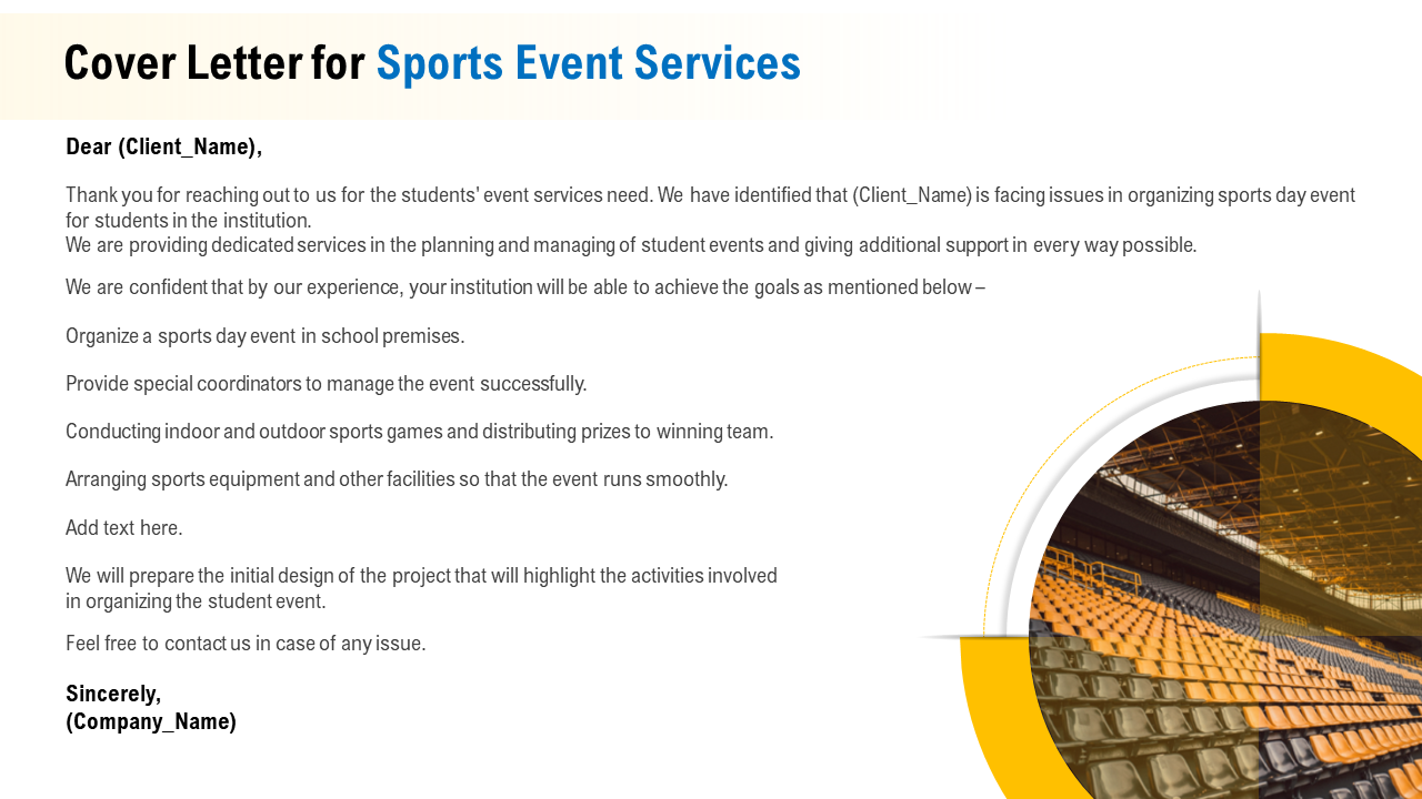 Cover letter for sports event services PowerPoint Icon