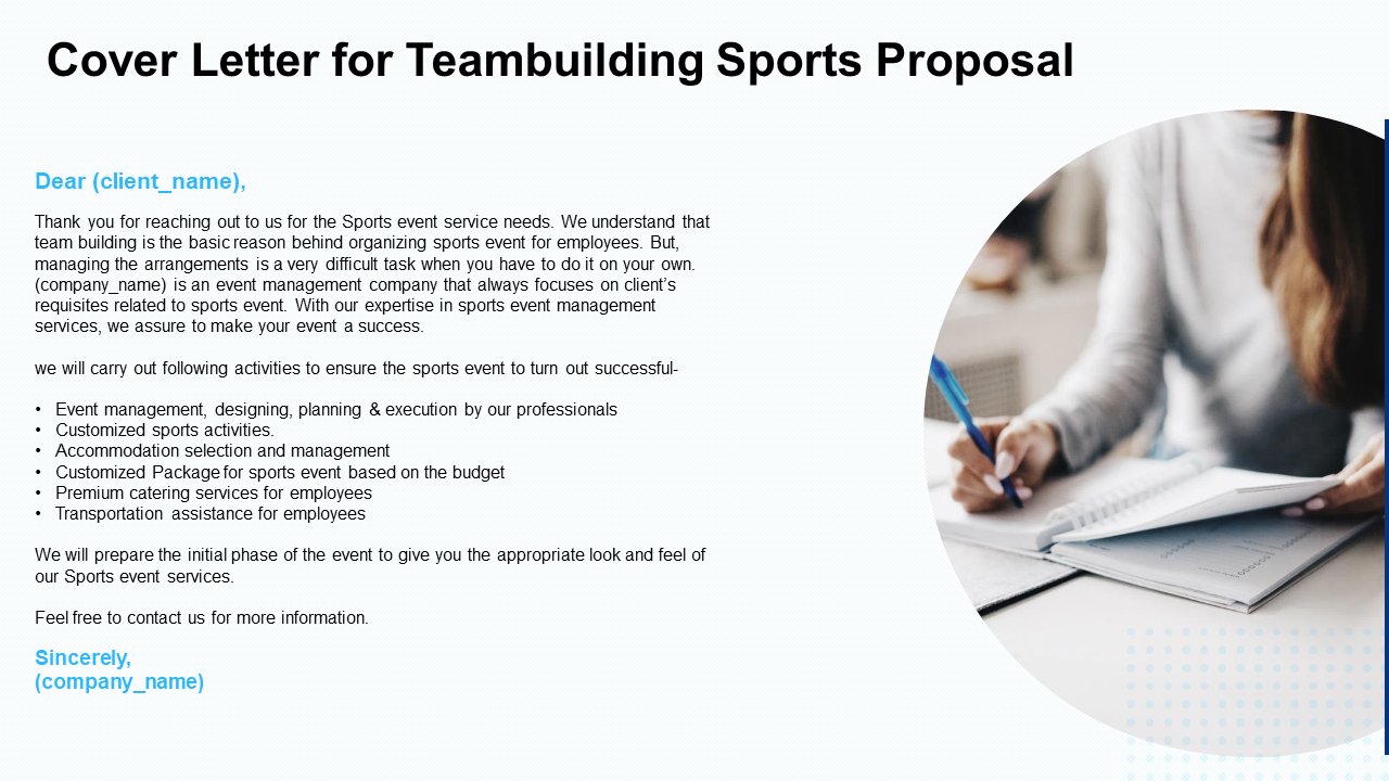 Cover letter for teambuilding sports proposal PowerPoint Infographic