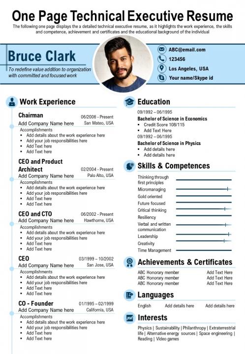 One page technical executive resume presentation report infographic ppt pdf document