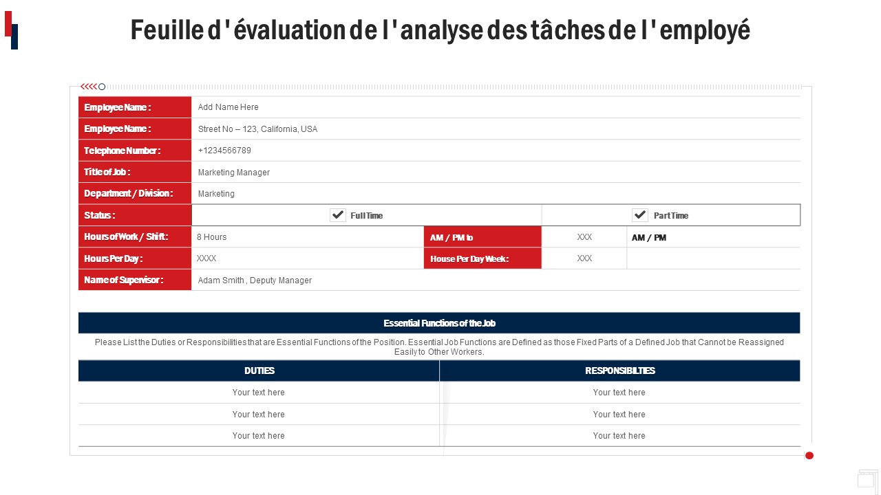 Feuille d'&eacute;valuation de l'analyse des t&acirc;ches de l'employ&eacute; 