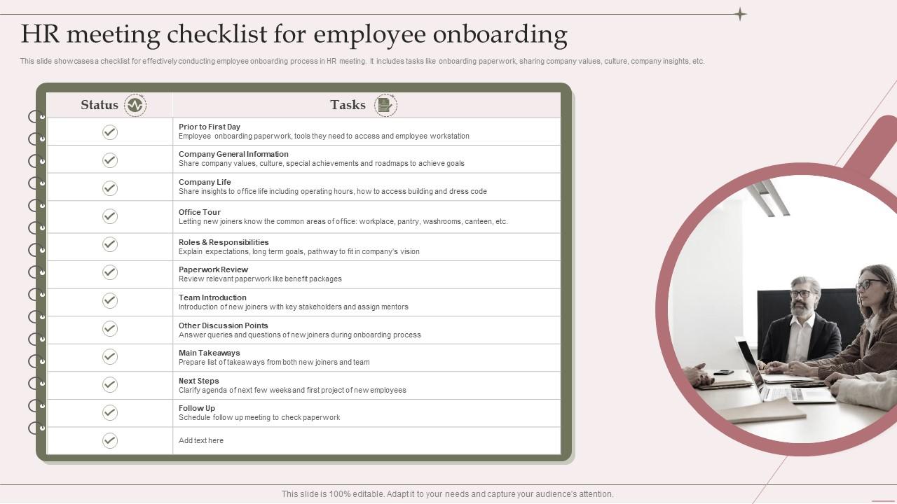 HR Meeting Checklist for Employee Onboarding PowerPoint Presentation