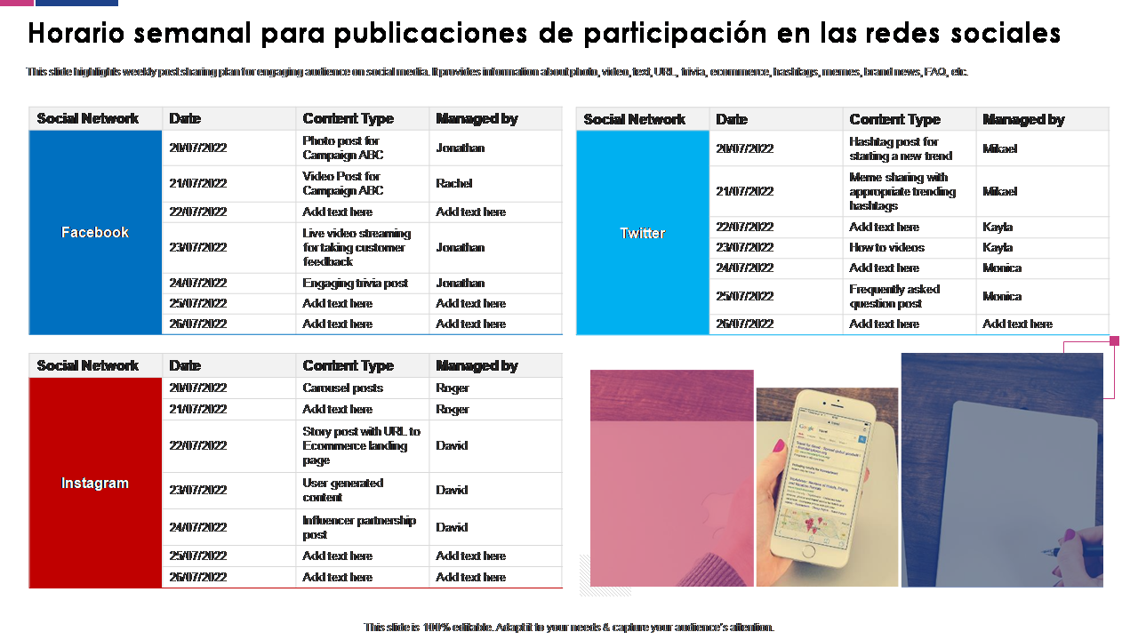 Horario semanal para publicaciones de participaci&oacute;n en las redes sociales 
