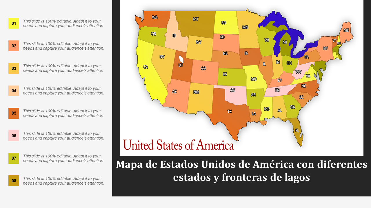 Mapa de Estados Unidos de América con diferentes estados y fronteras de lagos 
