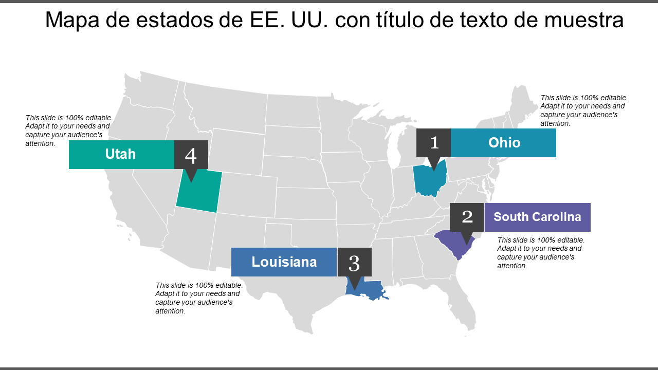 Mapa de estados de EE. UU. con título de texto de muestra 