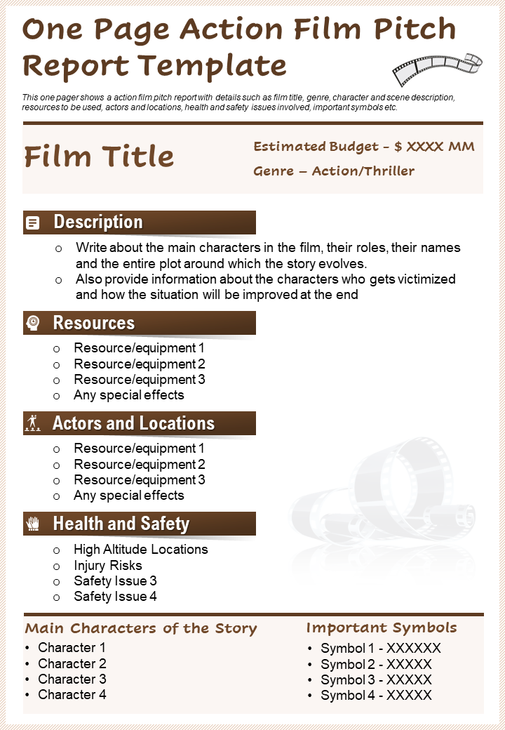 One Page Action Film Pitch Report Template