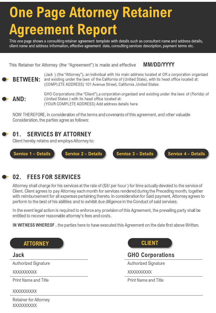 One Page Attorney Retainer Agreement Report