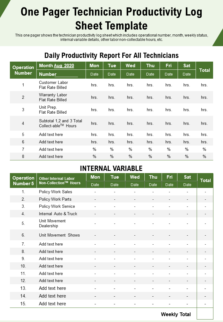 One Pager Technician Productivity Log Sheet Template