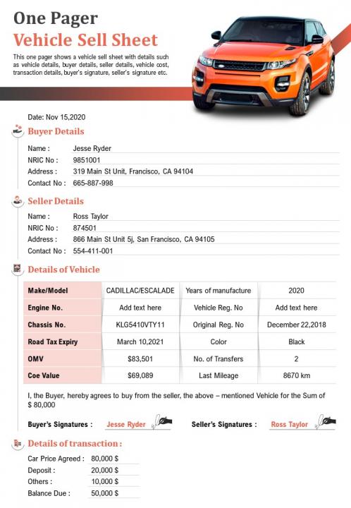 One Pager Vehicle Sell Sheet