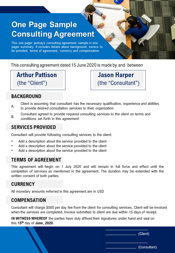 One-page Consulting Agreement Sample PPT Template