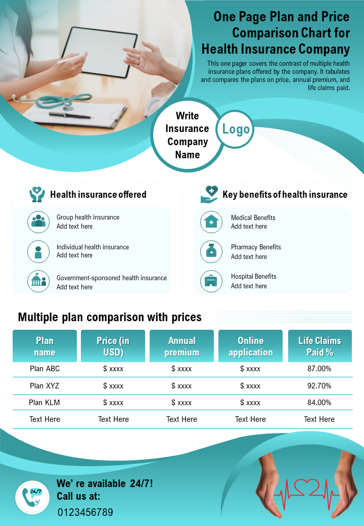 One page plan and price comparison chart for health insurance company