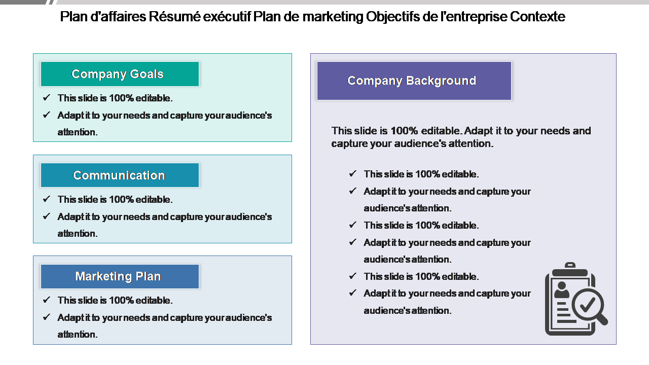 Plan d'affaires Résumé exécutif Plan de marketing Objectifs de l'entreprise Contexte
