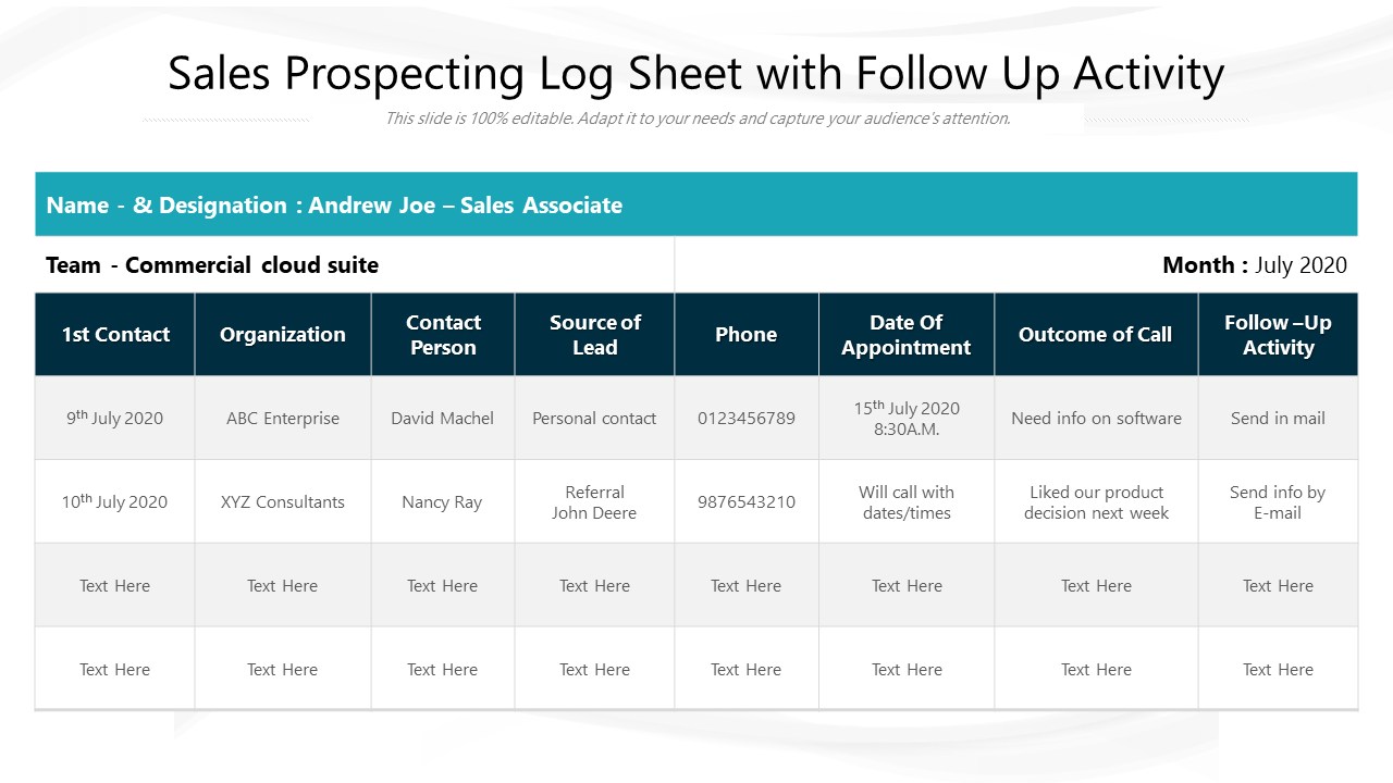 Sales Prospecting Log Sheet with Follow Up Activity