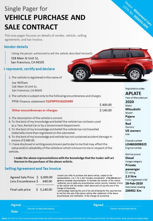 Single Pager For Vehicle Purchase and Sale Contract