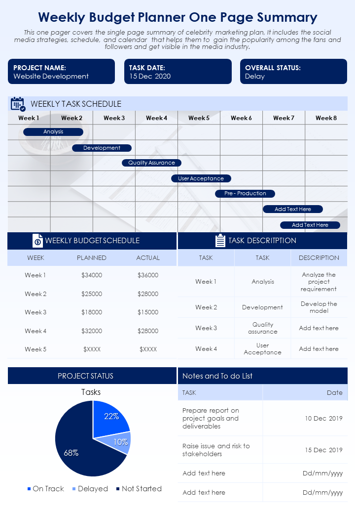 Weekly Budget Planner One Page Summary