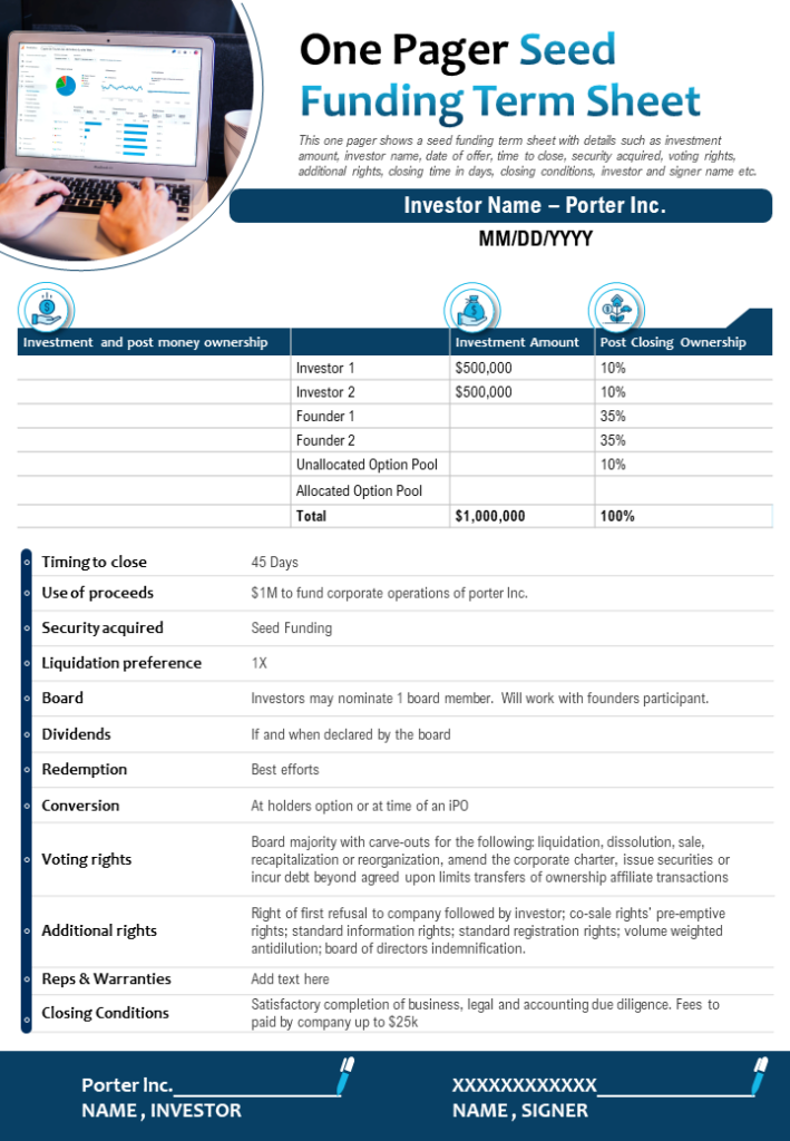 One-page Seed Funding Term Sheet Template 