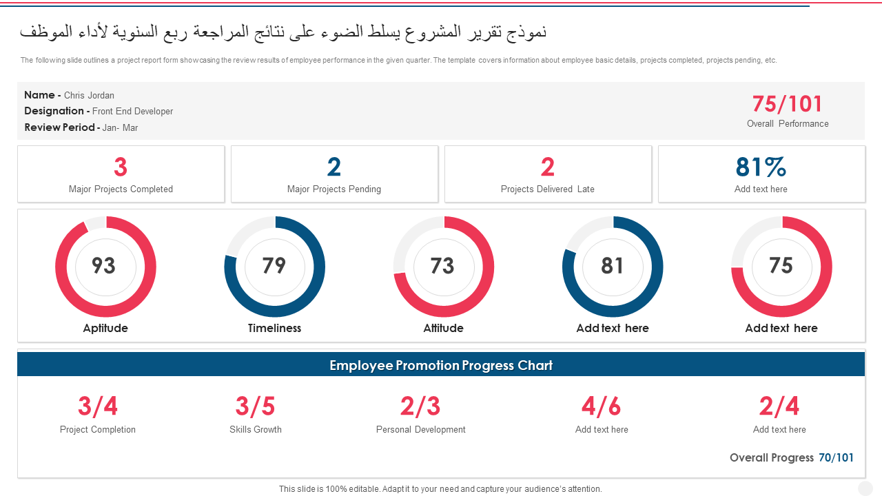 نموذج تقرير المشروع يسلط الضوء على نتائج المراجعة ربع السنوية لأداء الموظف 