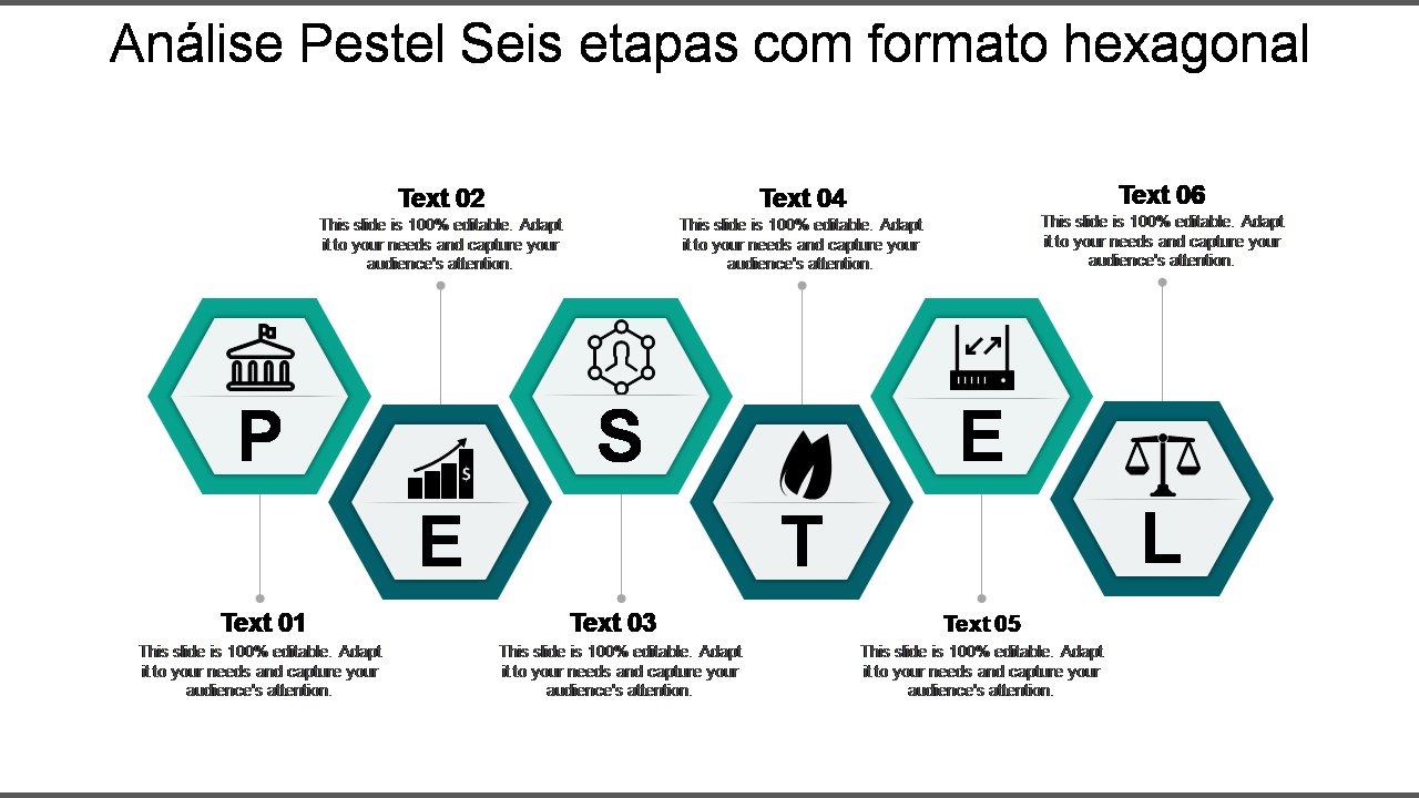 Análise Pestel Seis etapas com formato hexagonal